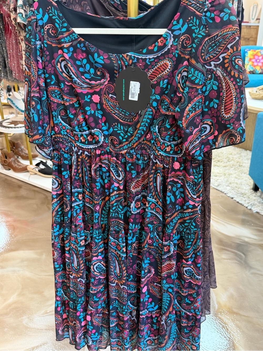 Women's Paisley Flutter Sleeve Dress in Teal & Pink